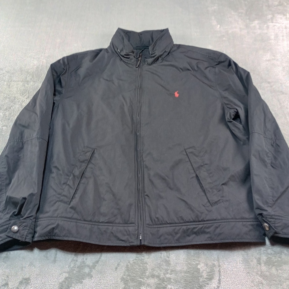 Polo Ralph Lauren Windbreaker Mens XXL Black Fleece Lined Stowaway Hood Jacket